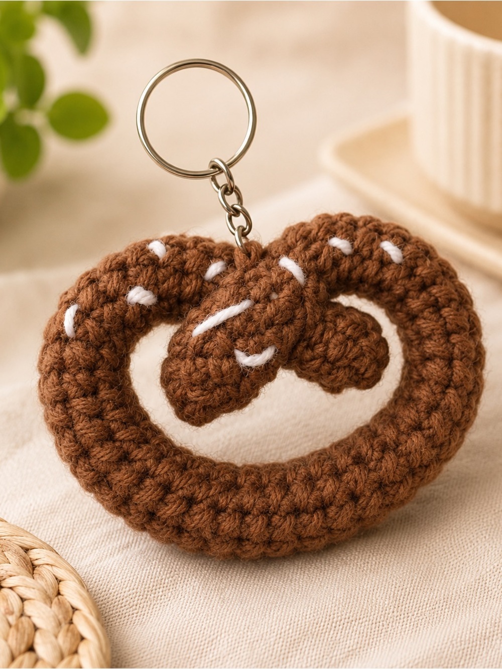 Handmade Crocheted Pretzel Keychain in Brown